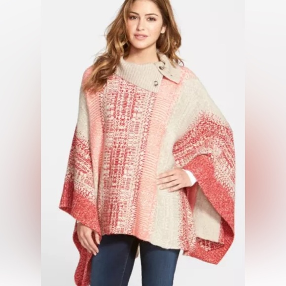 Caslon Jacquard‎ Button Cowl Neck Sweater-Knit Poncho relaxed fit Cabincore XS/S - Picture 1 of 15